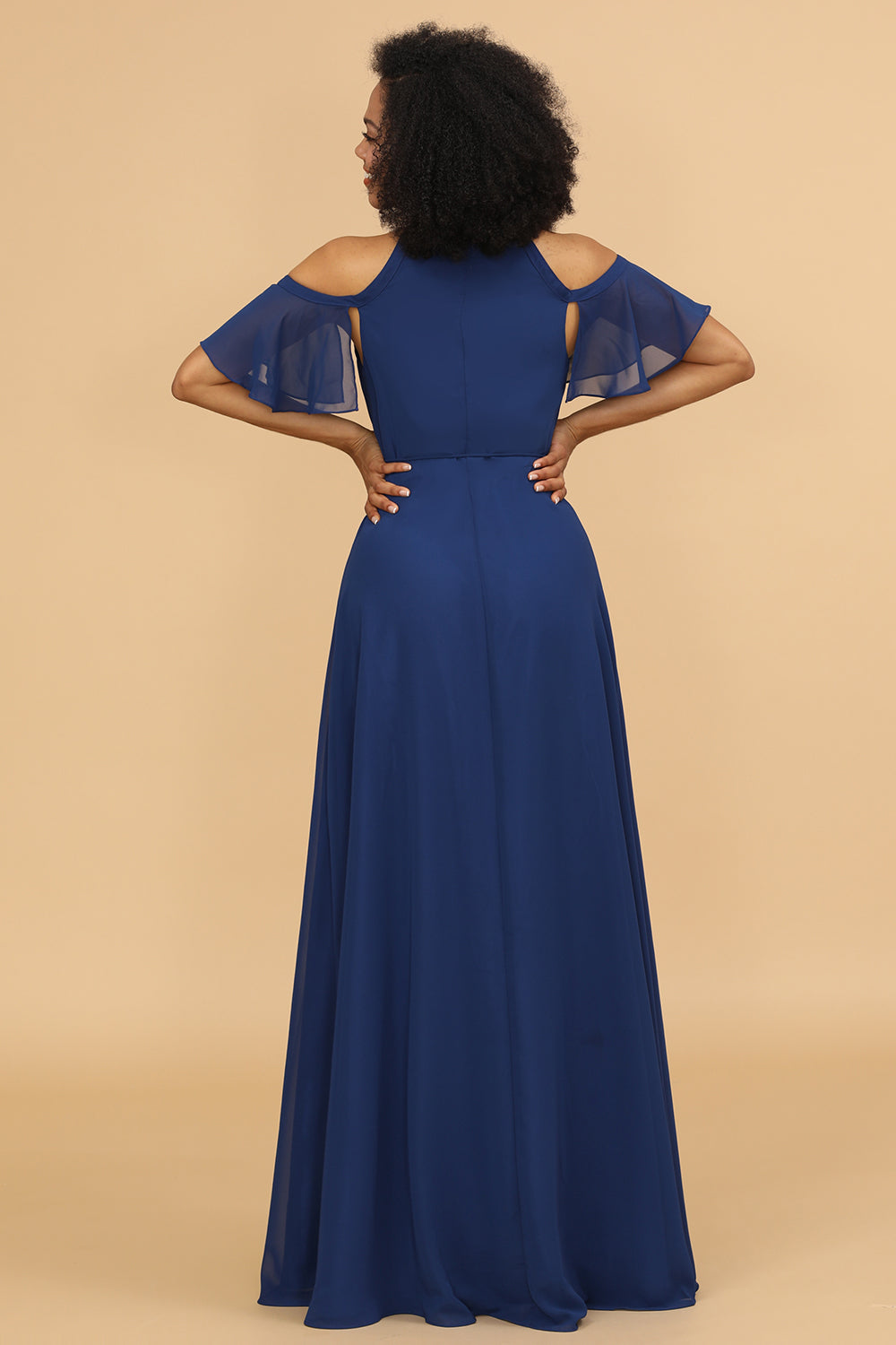 Cold Shoulder Navy Chiffon brudepike kjole med spalte