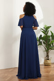 Cold Shoulder Navy Chiffon brudepike kjole med spalte