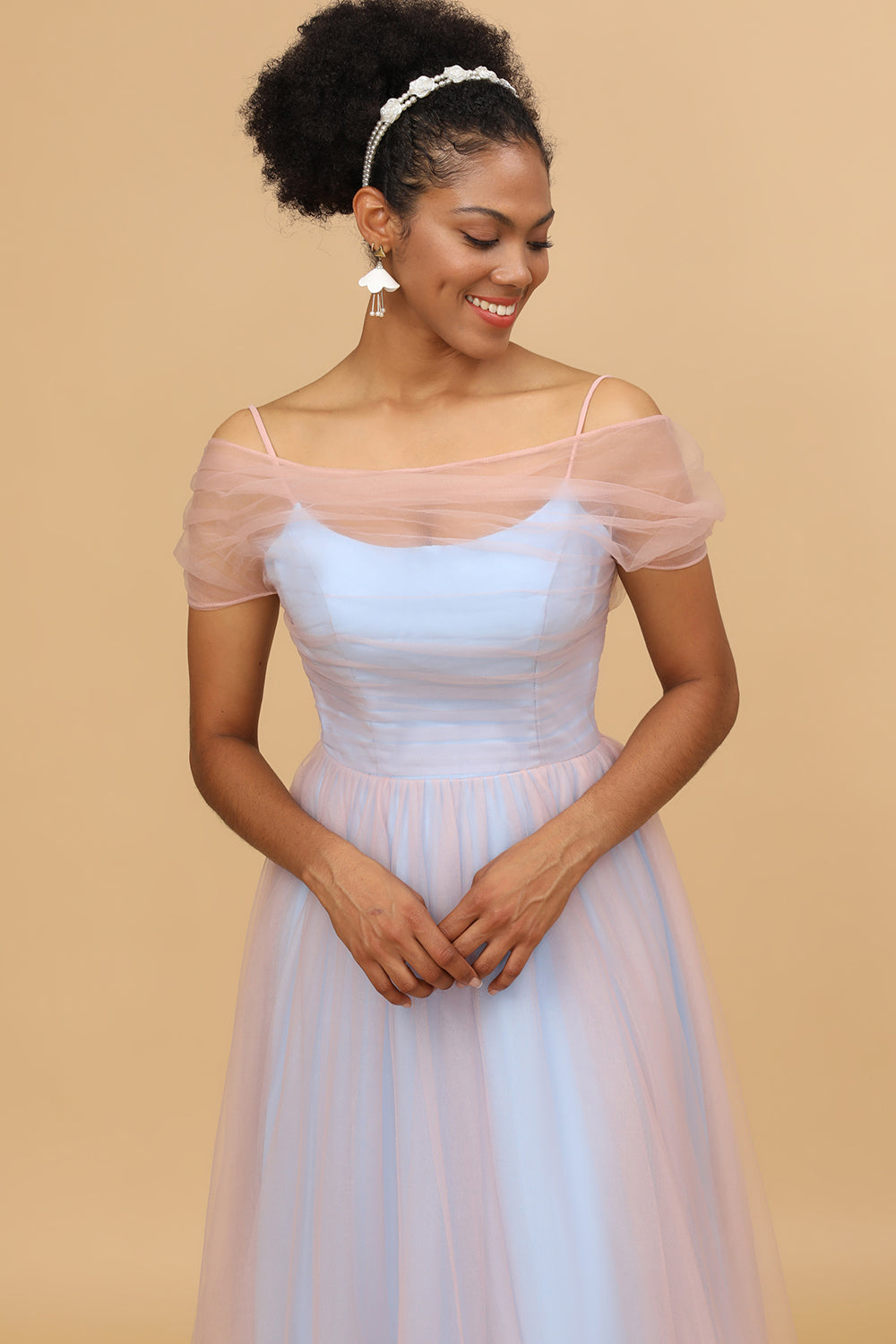 A Line Spaghetti stropper Pink &Blue Tulle Long Brudepike Dress