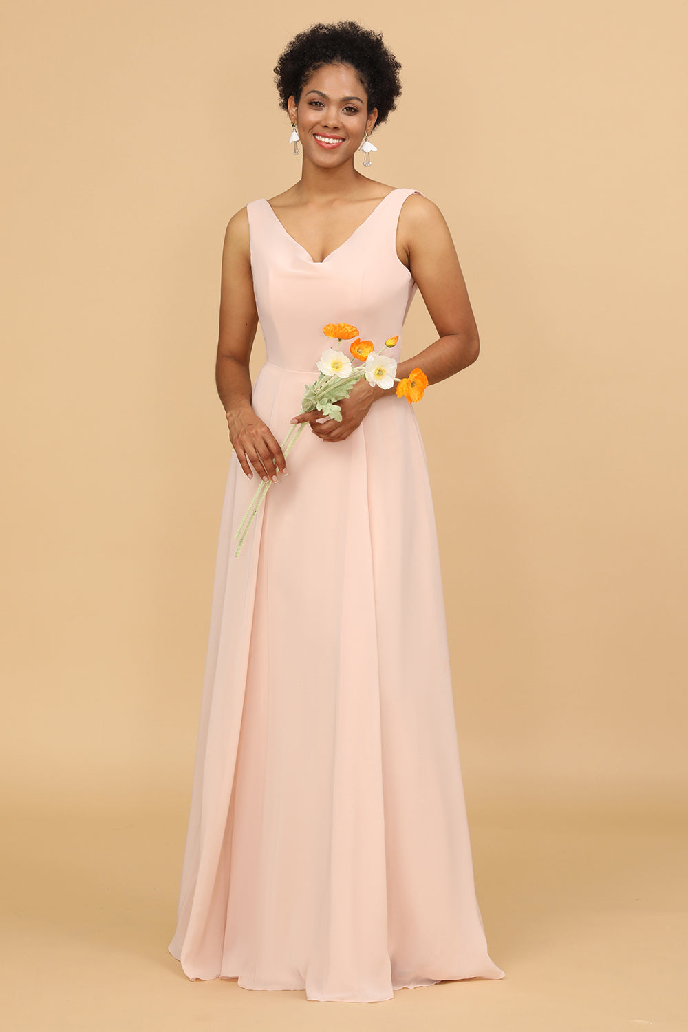 A Line V Neck Blush Chiffon Long Brudepike Kjole
