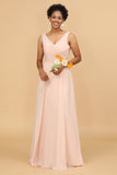 A Line V Neck Blush Chiffon Long Brudepike Kjole