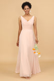 A Line V Neck Blush Chiffon Long Brudepike Kjole