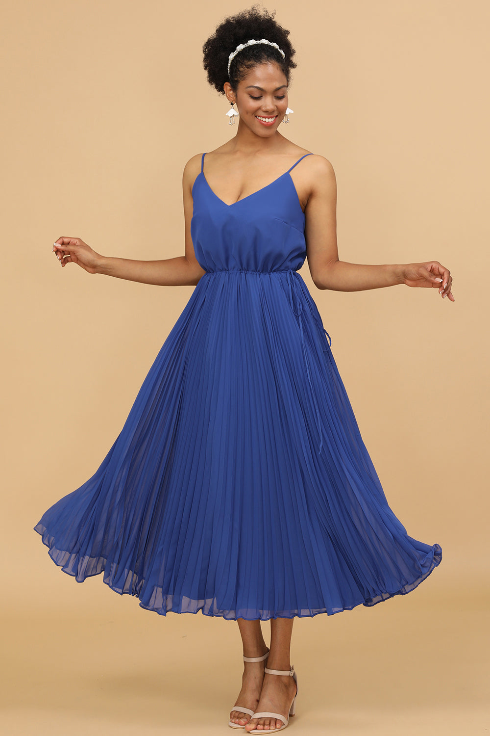 A Line Spaghetti stropper Royal Blue Tea Lengde Brudepike Dress