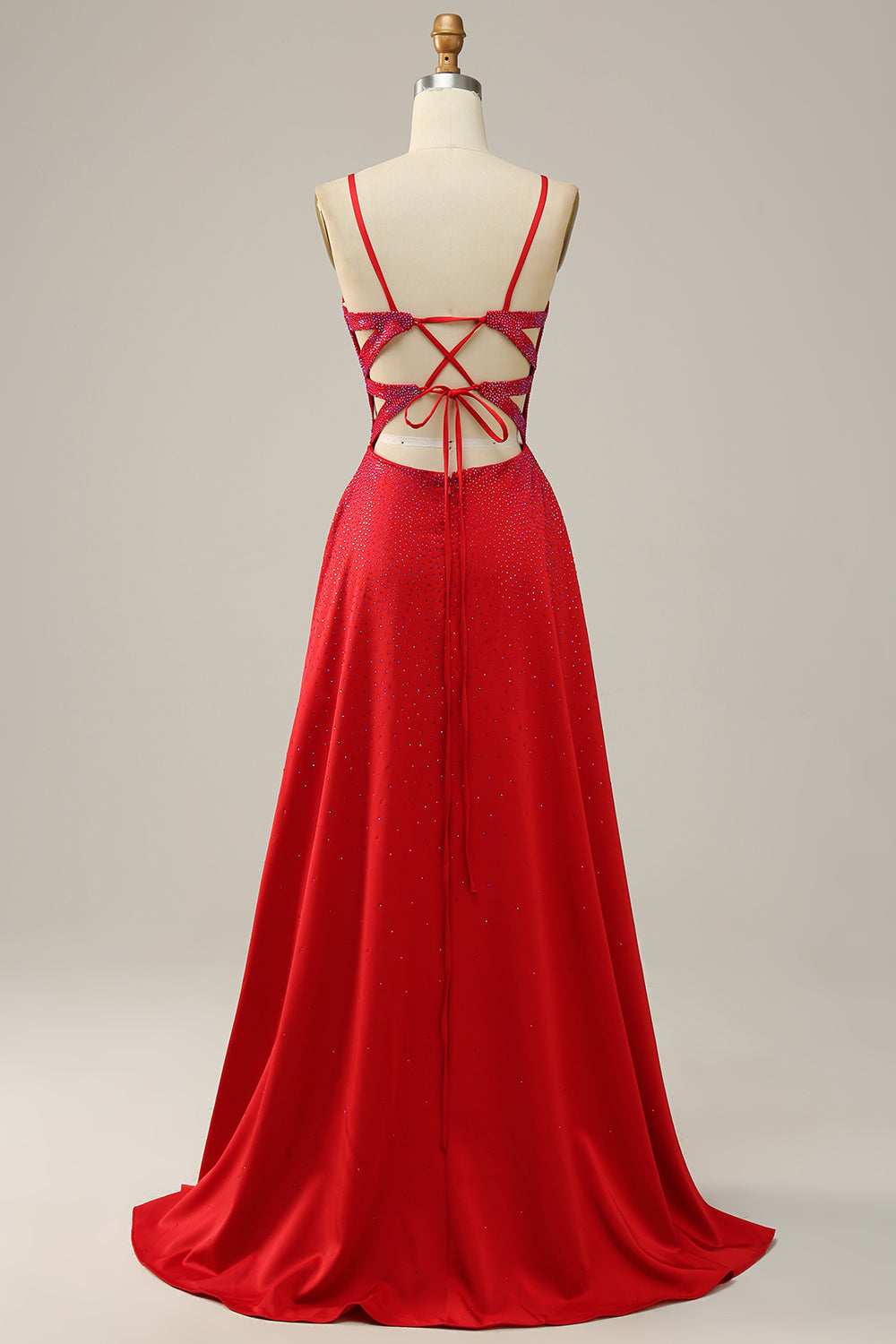 En linje rød spaghetti stropper Beaded Long Prom Dress