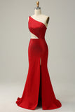 Havfrue En skulder Rød Cut Out Prom kjole med Beading