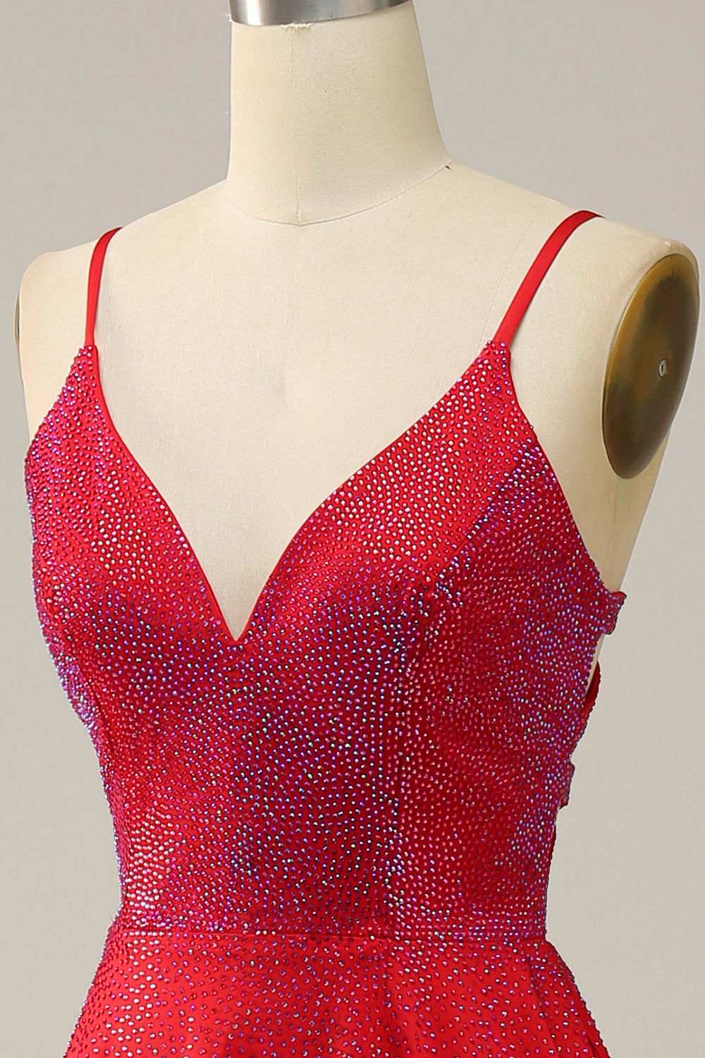 En linje rød spaghetti stropper Beaded Long Prom Dress