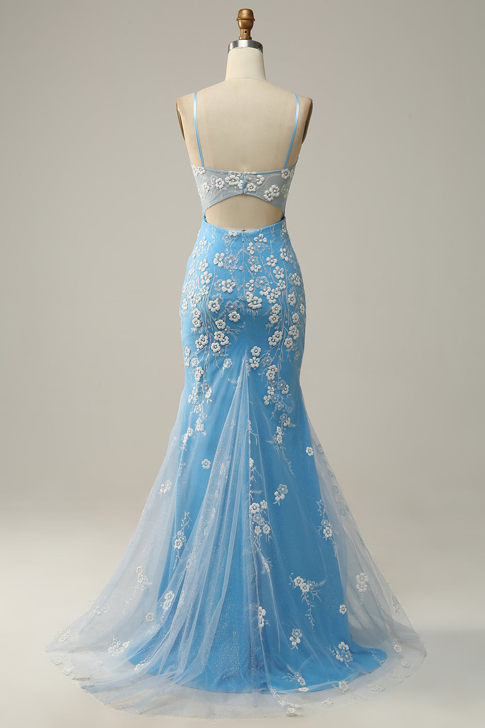 Havfrue Spaghetti stropper Blue Long Prom kjole med Appliques
