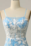 Havfrue Spaghetti stropper Blue Long Prom kjole med Appliques