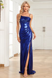 Mermaid Spaghetti stropper Navy Long Prom kjole med Split Front