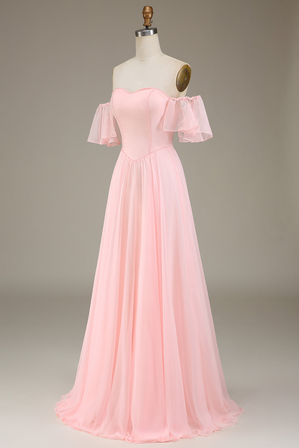 Blush Pink A-linje av skulderen Chiffon Long brudepike kjole