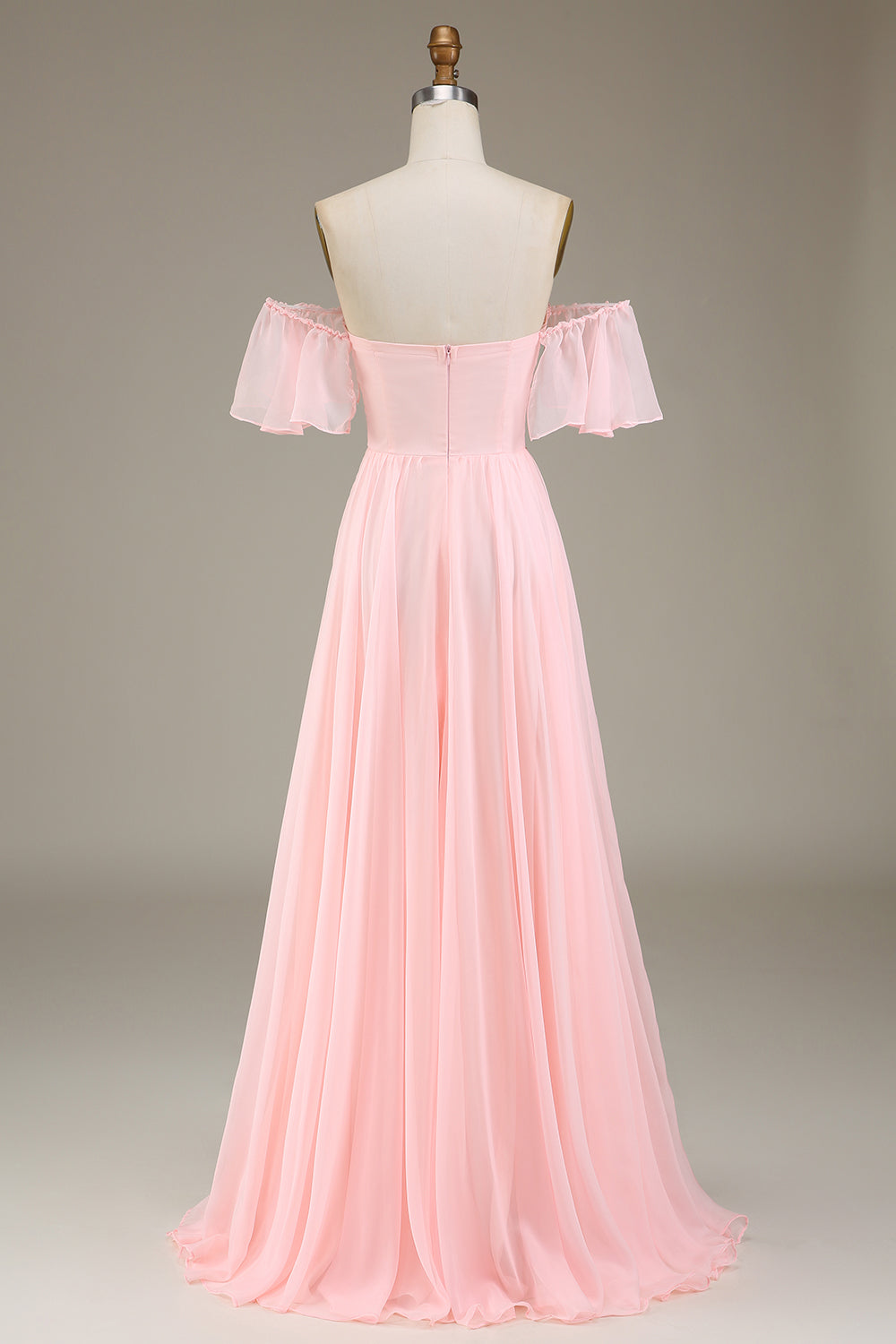 Blush Pink A-linje av skulderen Chiffon Long brudepike kjole