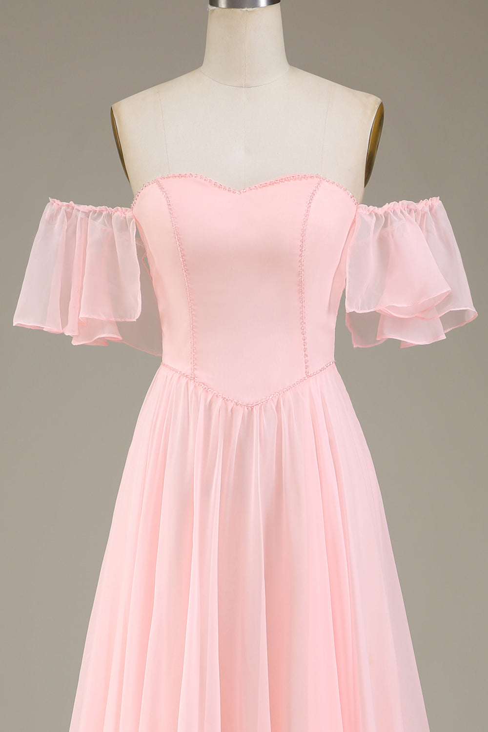 Blush Pink A-linje av skulderen Chiffon Long brudepike kjole