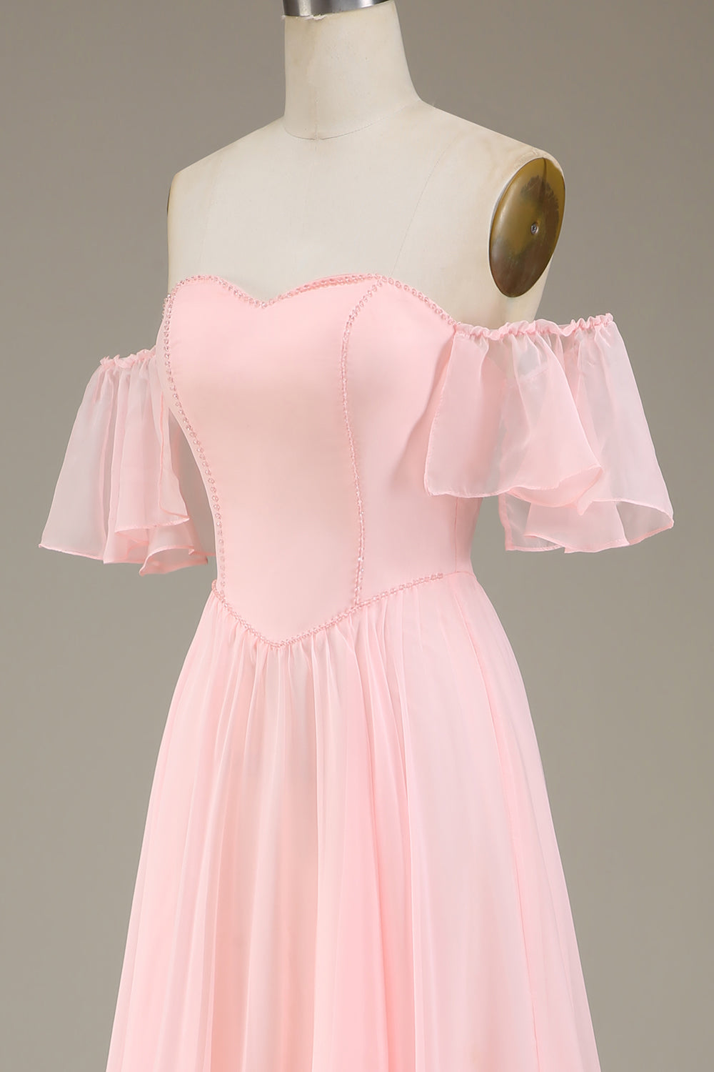 Blush Pink A-linje av skulderen Chiffon Long brudepike kjole