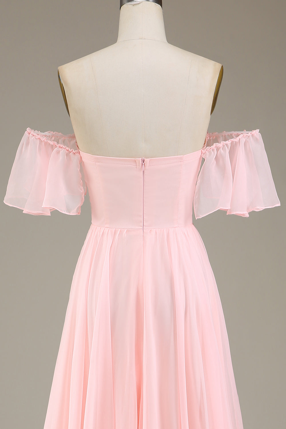 Blush Pink A-linje av skulderen Chiffon Long brudepike kjole