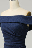 Navy Off The Shoulder Sparkly Slire Long Bridesmaid Dress