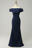 Navy Off The Shoulder Sparkly Slire Long Bridesmaid Dress