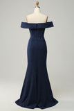 Navy Off The Shoulder Sparkly Slire Long Bridesmaid Dress
