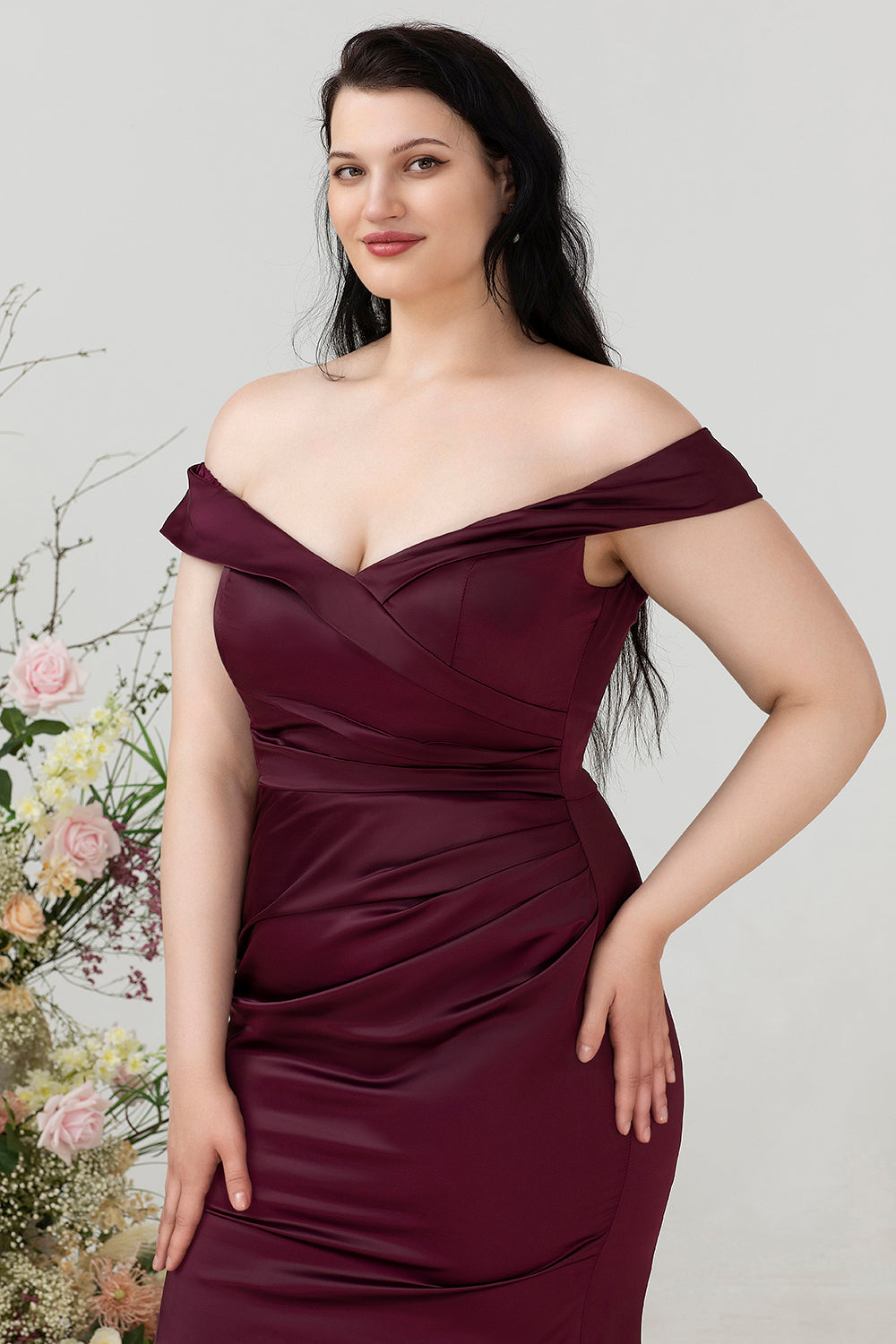 Havfrue av skulderen Burgunder Plus Size Wedding Party Dress