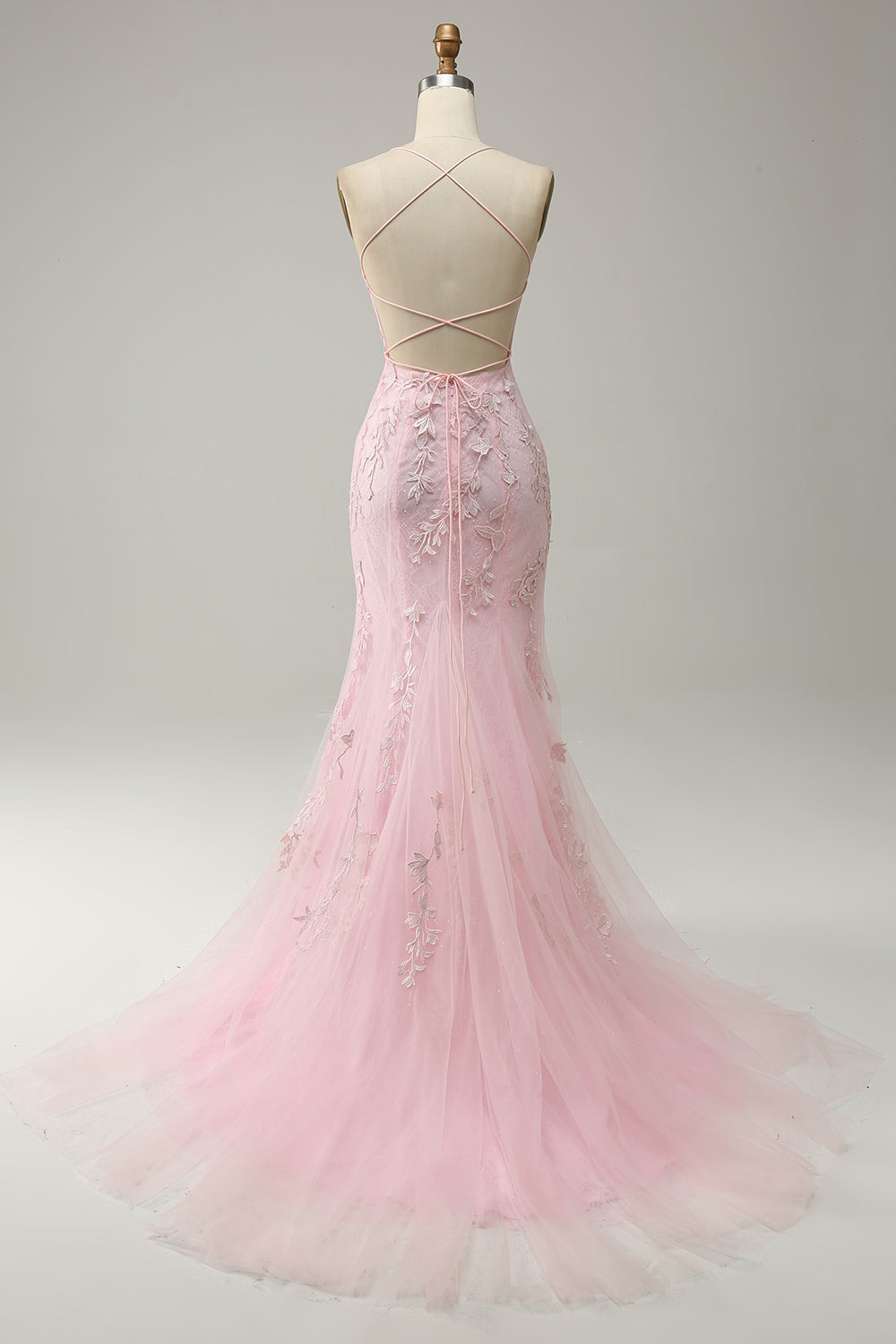 Havfrue Spaghetti stropper Lys rosa Long Prom kjole med Appliques