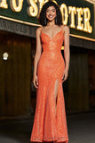 Sparkly Mermaid Spaghetti stropper Orange paljetter Prom kjole med delt front
