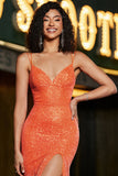 Sparkly Mermaid Spaghetti stropper Orange paljetter Prom kjole med delt front
