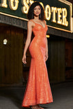 Sparkly Mermaid Spaghetti stropper Orange paljetter Prom kjole med delt front