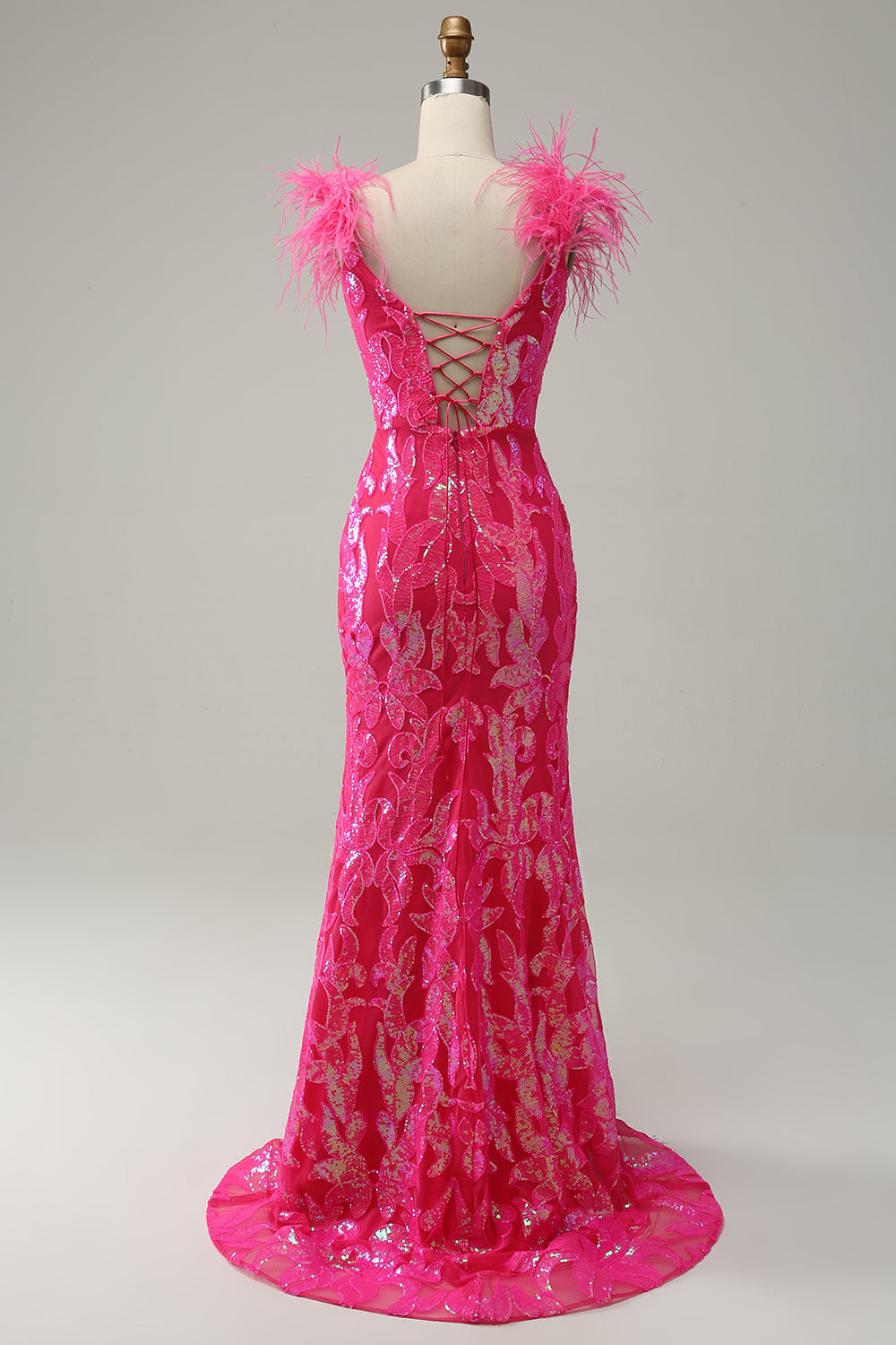 Havfrue Deep V Neck Fuchsia paljetter Long Prom kjole med fjær