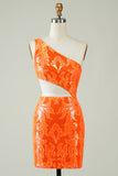 Orange One Shoulder Glitter Homecoming Dress med Hollow-out