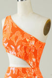 Orange One Shoulder Glitter Homecoming Dress med Hollow-out