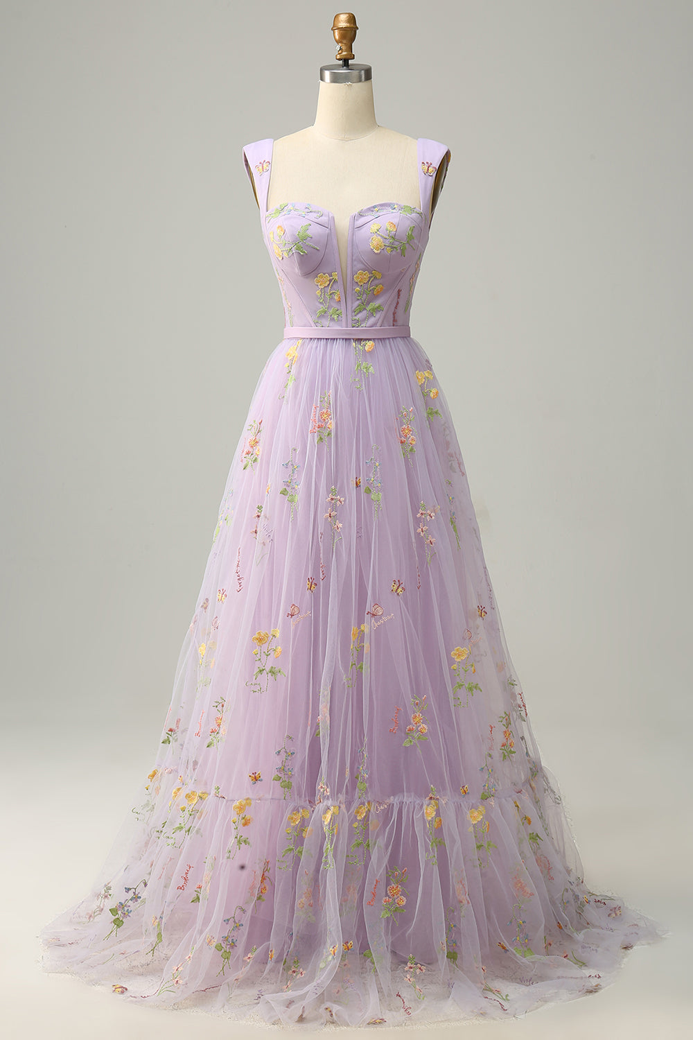 A-Line Square Neck Purple Long Prom kjole med broderi