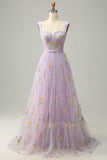 A-Line Square Neck Purple Long Prom kjole med broderi