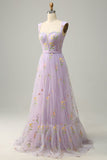 A-Line Square Neck Purple Long Prom kjole med broderi