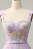 A-Line Square Neck Purple Long Prom kjole med broderi