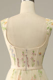 A-Line Square Neck Purple Long Prom kjole med broderi
