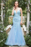 Havfrue Deep V Neck Blue Long Prom kjole med Criss Cross Back