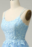 En Line Spaghetti stropper Long Blue Prom kjole med Appliques