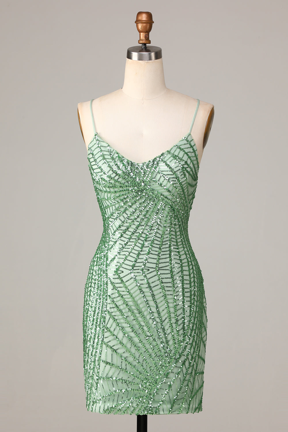 Club Chic Sheath Spaghetti stropper Green Sequins Kort Homecoming kjole med Criss Cross Back