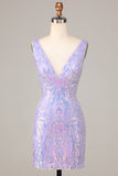 Lost In Your Eyes Bodycon V-Neck Lilac Sequins Kort Homecoming Dress