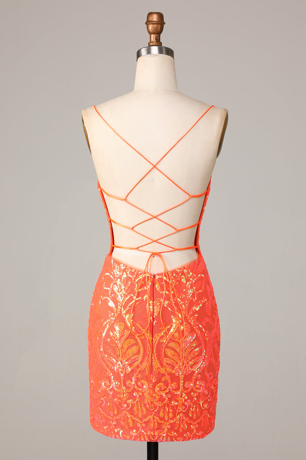 Sparkle 'til Dawn Bodycon Spaghetti stropper Orange paljetter Kort Homecoming kjole