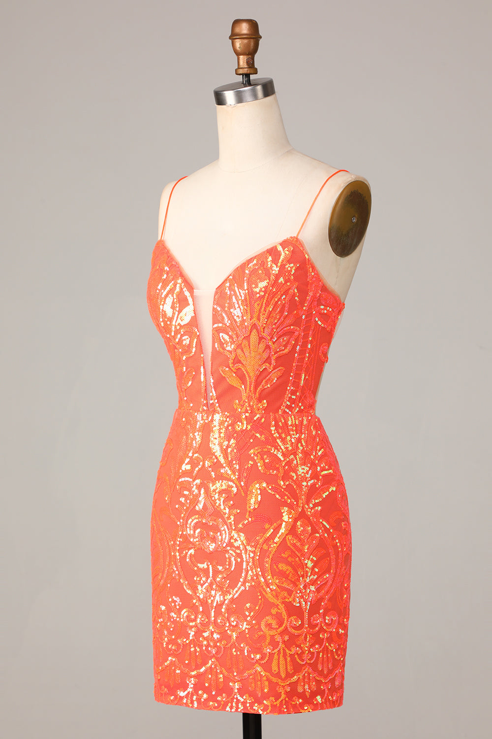 Sparkle 'til Dawn Bodycon Spaghetti stropper Orange paljetter Kort Homecoming kjole