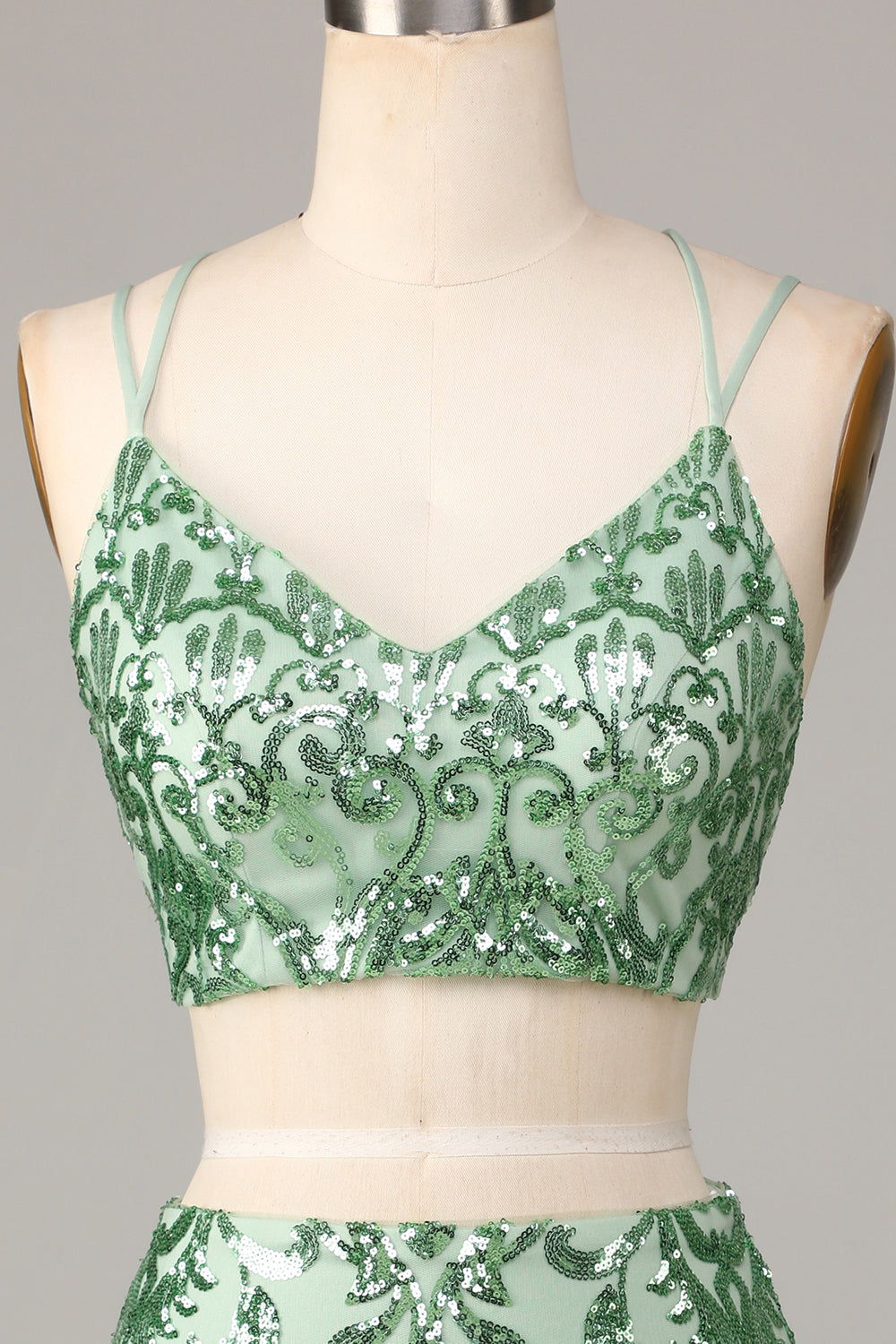 Ultimate Glow Two Piece Spaghetti stropper Green Sequins Kort Homecoming Dress