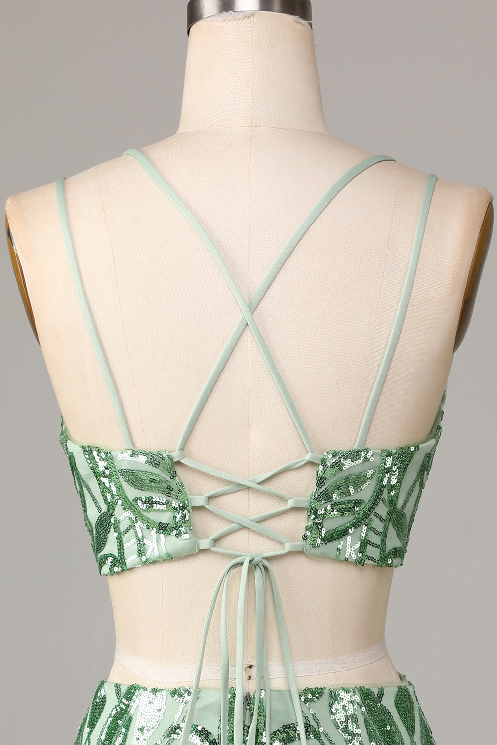 Ultimate Glow Two Piece Spaghetti stropper Green Sequins Kort Homecoming Dress