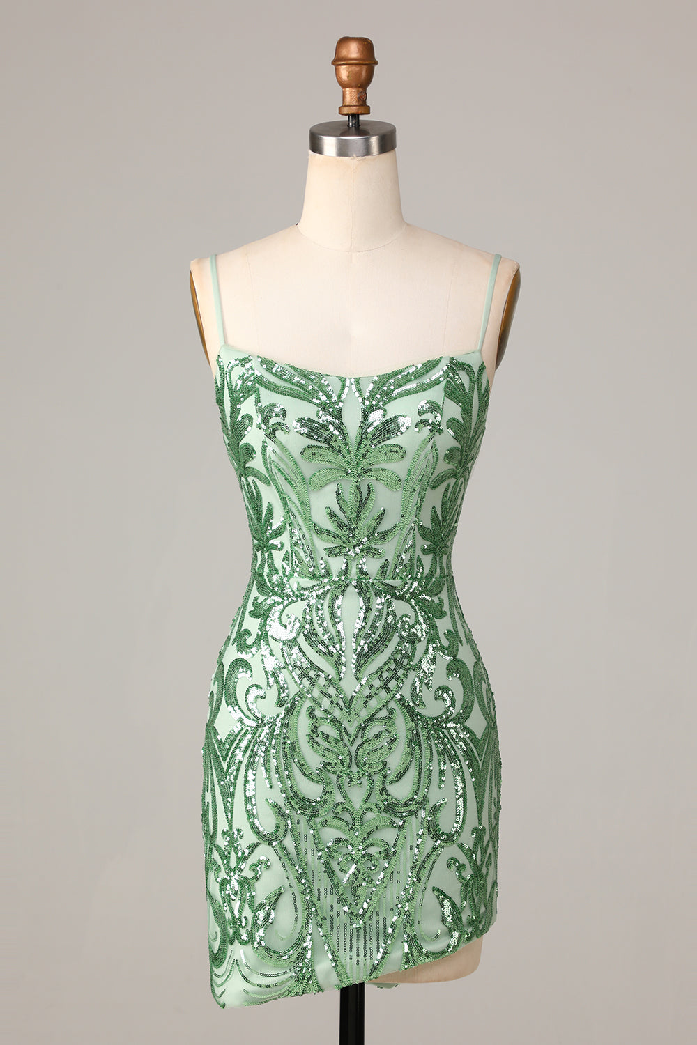 Fantasifull flørt Bodycon Spaghetti stropper Grønne paljetter Kort hjemkomstkjole