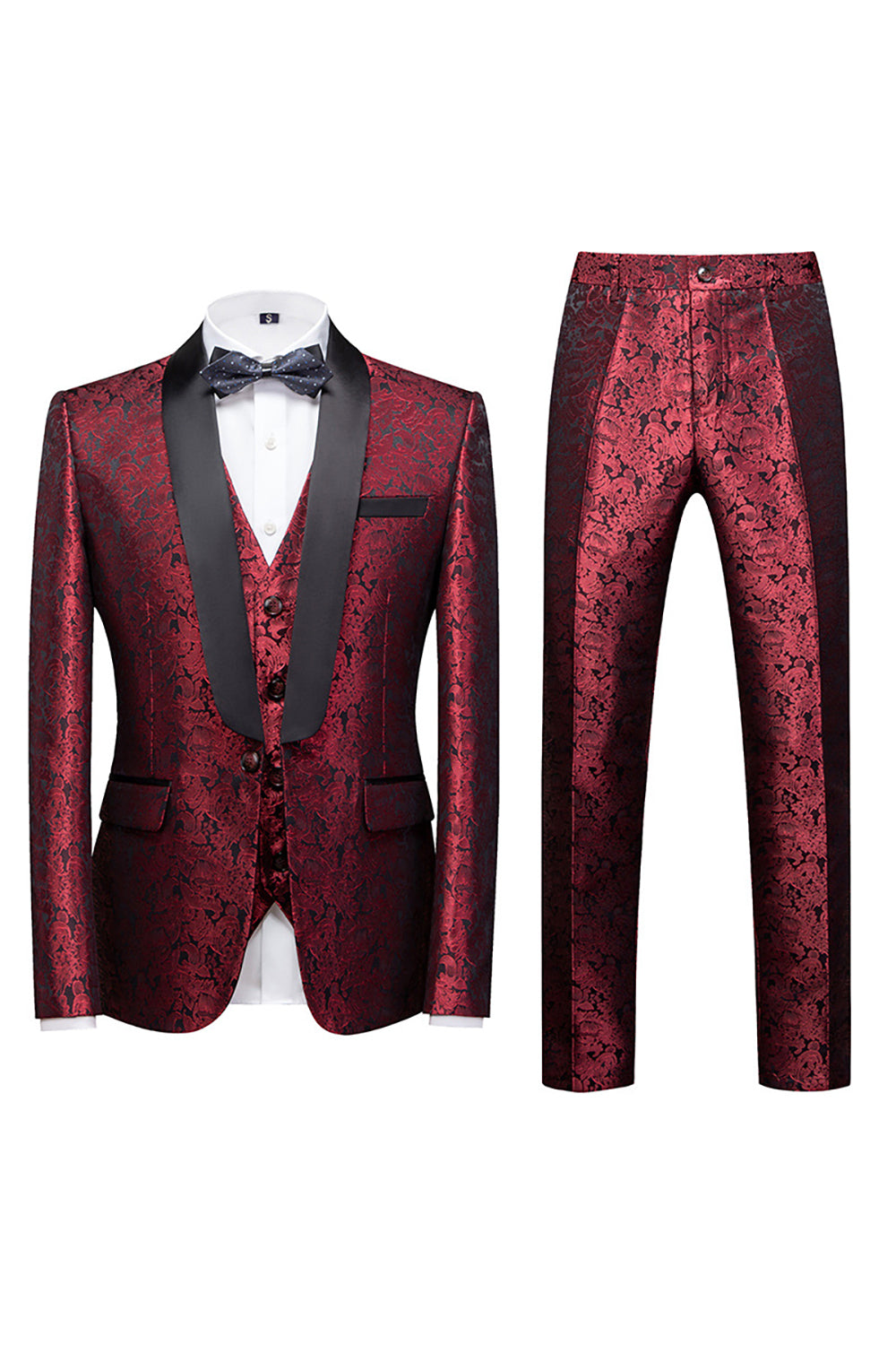 Svart 3 Piece Jacquard Shawl Lapel Menns Prom Suits