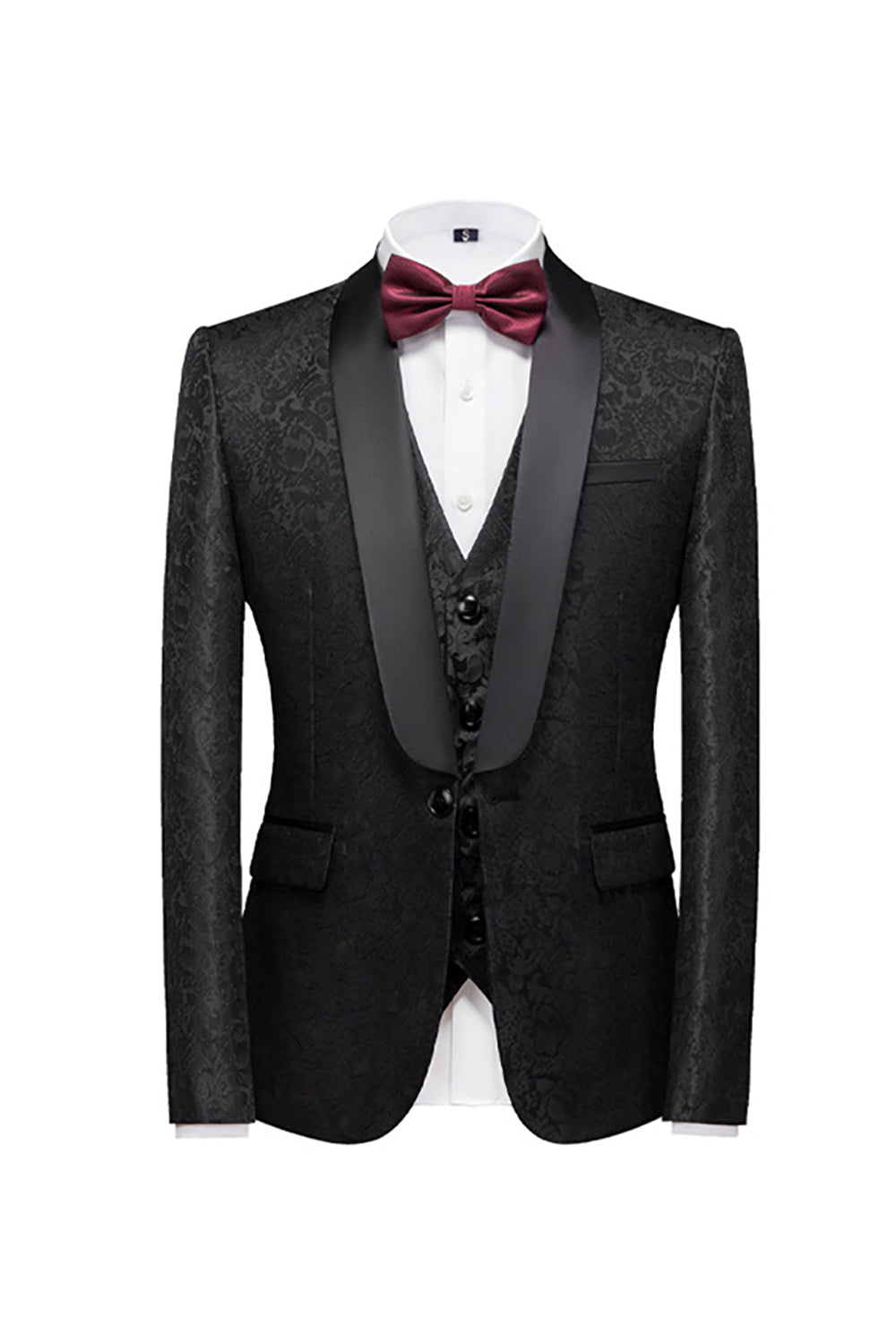 Svart 3 Piece Jacquard Shawl Lapel Menns Prom Suits