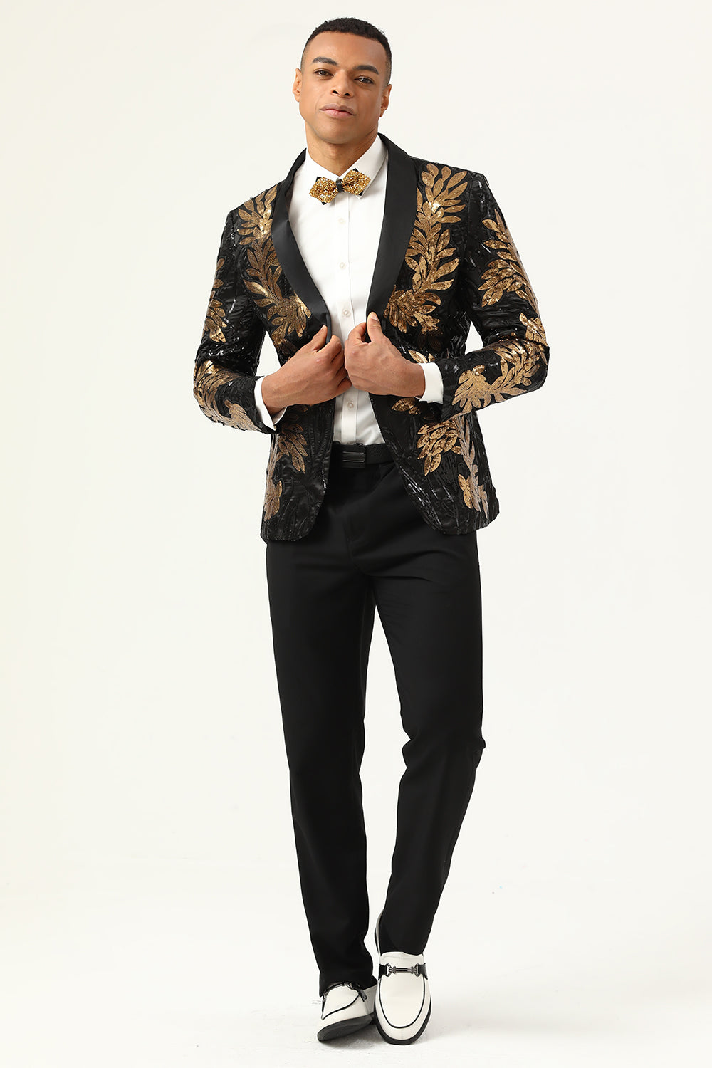2 Piece Black og Gold Jacquard paljetter menn Prom Suits