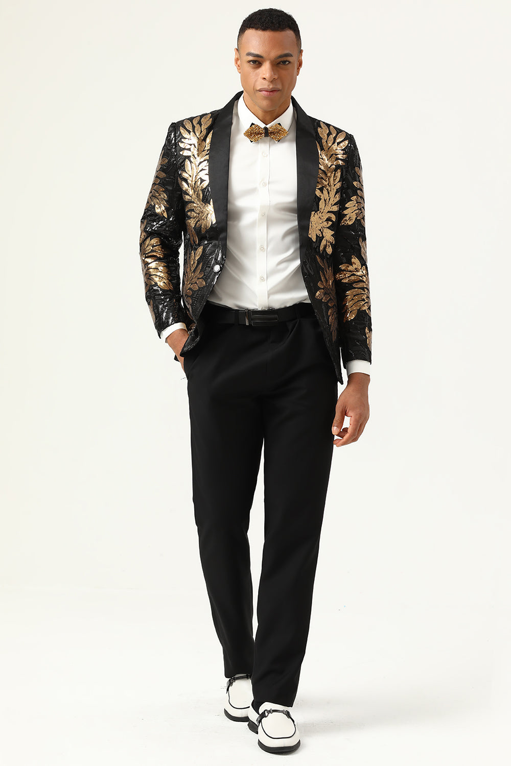 2 Piece Black og Gold Jacquard paljetter menn Prom Suits
