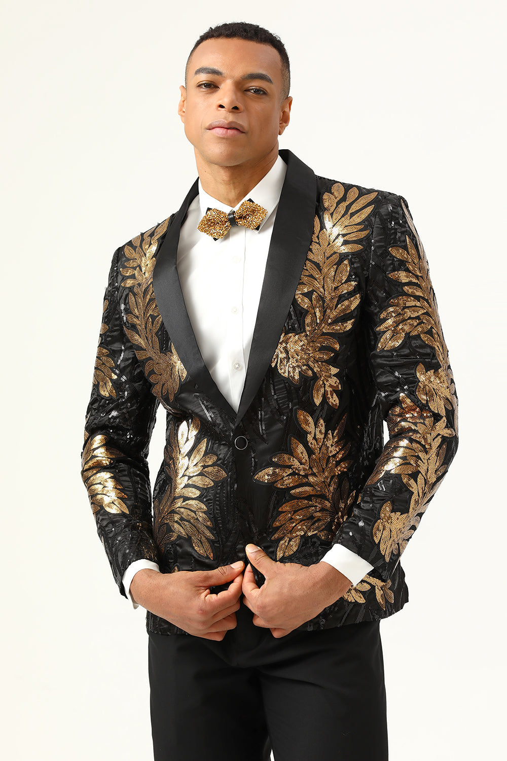 2 Piece Black og Gold Jacquard paljetter menn Prom Suits