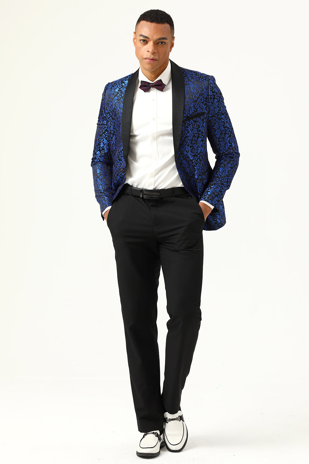 One Button Blue Shawl Lapel Jacquard menn Prom Blazer