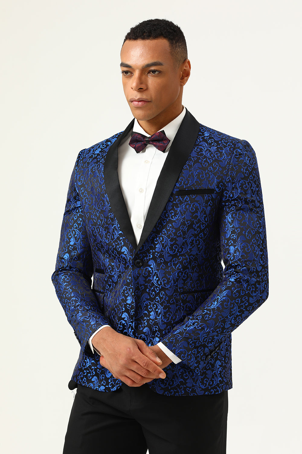 One Button Blue Shawl Lapel Jacquard menn Prom Blazer